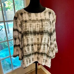 Bryn Walker 100% Linen Top S Gray Black Tie Dye Hi Low Hem Made in USA